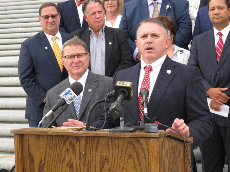 House Speaker Clay Schexnayder, R-Gonzales, right, speaks about the legislative session with Senate President Page Cortez, R-Lafayette, left, on Monday, June 1, 2020, in Baton Rouge, La. (AP Photo/Melinda Deslatte)