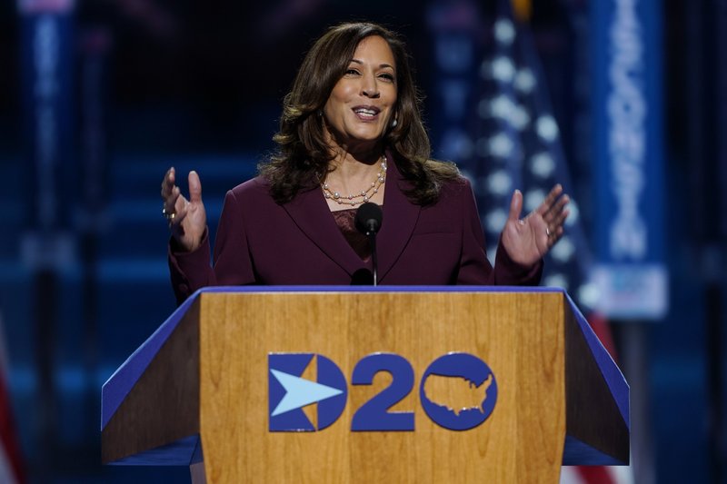 Democratic vice presidential candidate Sen. Kamala Harris, D-Calif., speaks during the third day of the Democratic National Convention, Wednesday, Aug. 19, 2020, at the Chase Center in Wilmington, Del. Republicans keep getting Harris' name wrong, and Democrats say it's not a slip-up. President Donald Trump and Vice President Mike Pence have both mispronounced the Democratic vice presidential candidate's first name in recent days. (AP Photo/Carolyn Kaster)