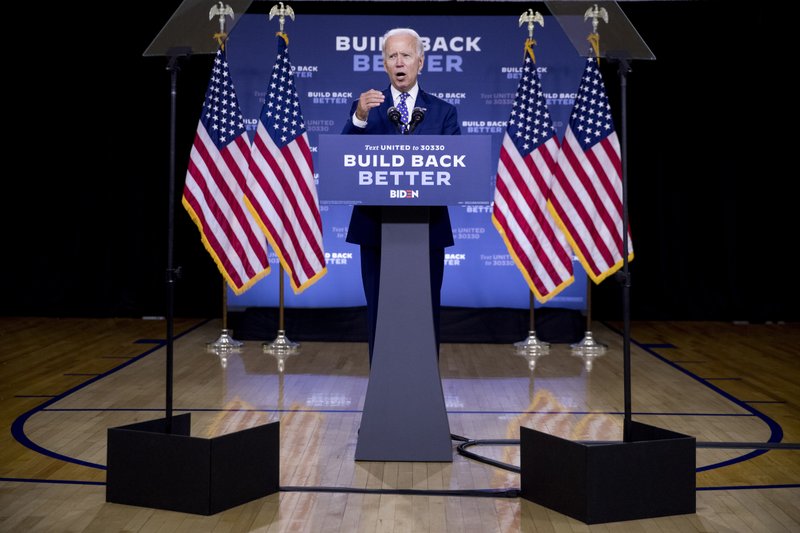 FILE - In this July 28, 2020, file photo, Democratic presidential candidate former Vice President Joe Biden speaks at a campaign event at the William "Hicks" Anderson Community Center in Wilmington, Del. Biden’s latest gaffes concerning Black Americans risk exacerbating his challenges with young Black voters who have been more skeptical of him than their older counterparts. (AP Photo/Andrew Harnik, File)
