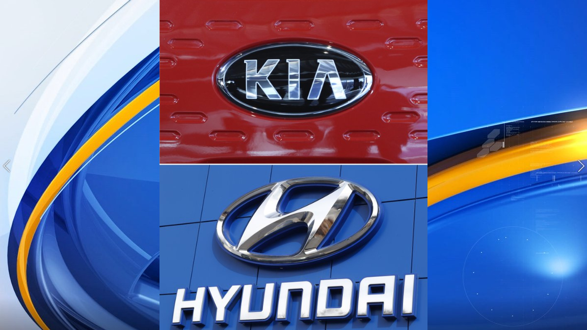 FILE- This combination of file photos shows the logo of Kia Motors during an unveiling ceremony on Dec. 13, 2017, in Seoul, South Korea, top, and a Hyundai logo on the side of a showroom on April 15, 2018, in the south Denver suburb of Littleton, Colo., bottom. The Korean automakers are recalling over 591,000 vehicles in the U.S. to fix a brake fluid leak that could cause engine fires. (AP Photo, File)