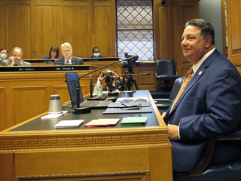 Secretary of State Kyle Ardoin speaks to the House and Governmental Affairs Committee about his proposed emergency plan for the fall Louisiana elections, on Wednesday, Aug. 19, 2020, in Baton Rouge, La. (AP Photo/Melinda Deslatte)
