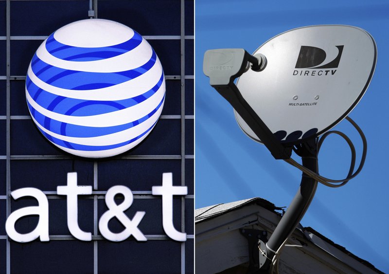 FILE - This file combo made from file photos shows the AT&T logo on the side of a corporate office in Springfield, Ill., left, and a DirecTV satellite dish atop a home in Los Angeles. AT&T is spinning off its DirecTV into a new company at a fraction of the $48.5 billion it paid in 2015. The satellite TV service has lost millions of customers on AT&T's watch. (AP Photo/File)