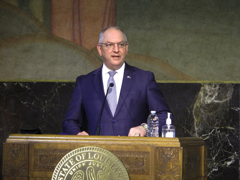Louisiana Gov. John Bel Edwards speaks about his decision to expand COVID-19 vaccine eligibility on Tuesday, March 9, 2021, in Baton Rouge, La. (AP Photo/Melinda Deslatte)