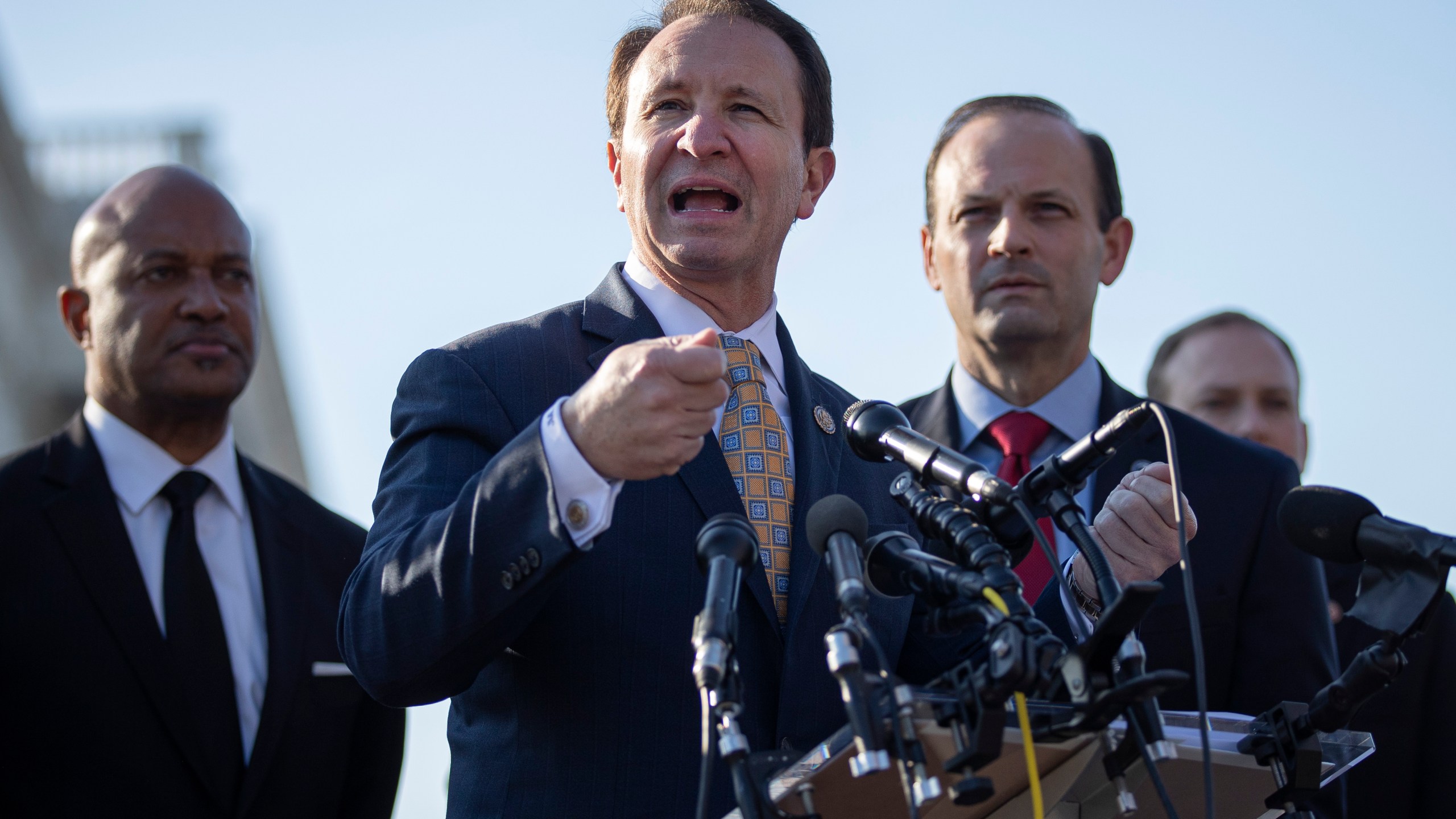 WASHINGTON, DC - JANUARY 22: (L-R) Indiana Attorney General Curtis Hill, Louisiana Attorney General Jeff Landry and South Carolina Attorney General Alan Wilson speak during a press conference to discuss the impeachment trial at the U.S. Capitol on January 22, 2020 in Washington, DC. They announced a letter written to the U.S. Senate in which 21 Republican state Attorneys General outline what they believe to be the legal flaws in the impeachment case against U.S. President Donald Trump. (Photo by Drew Angerer/Getty Images)