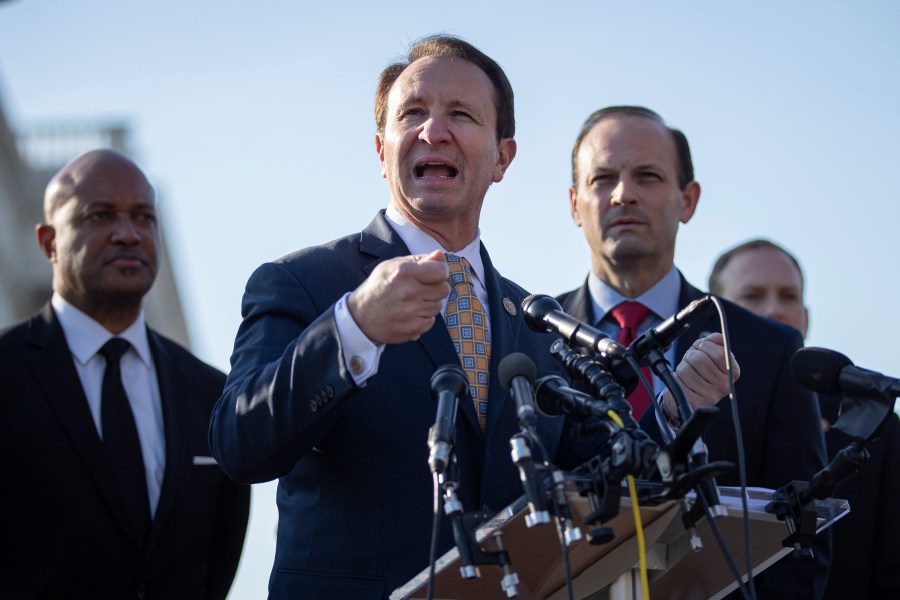 WASHINGTON, DC - JANUARY 22: (L-R) Indiana Attorney General Curtis Hill, Louisiana Attorney General Jeff Landry and South Carolina Attorney General Alan Wilson speak during a press conference to discuss the impeachment trial at the U.S. Capitol on January 22, 2020 in Washington, DC. They announced a letter written to the U.S. Senate in which 21 Republican state Attorneys General outline what they believe to be the legal flaws in the impeachment case against U.S. President Donald Trump. (Photo by Drew Angerer/Getty Images)
