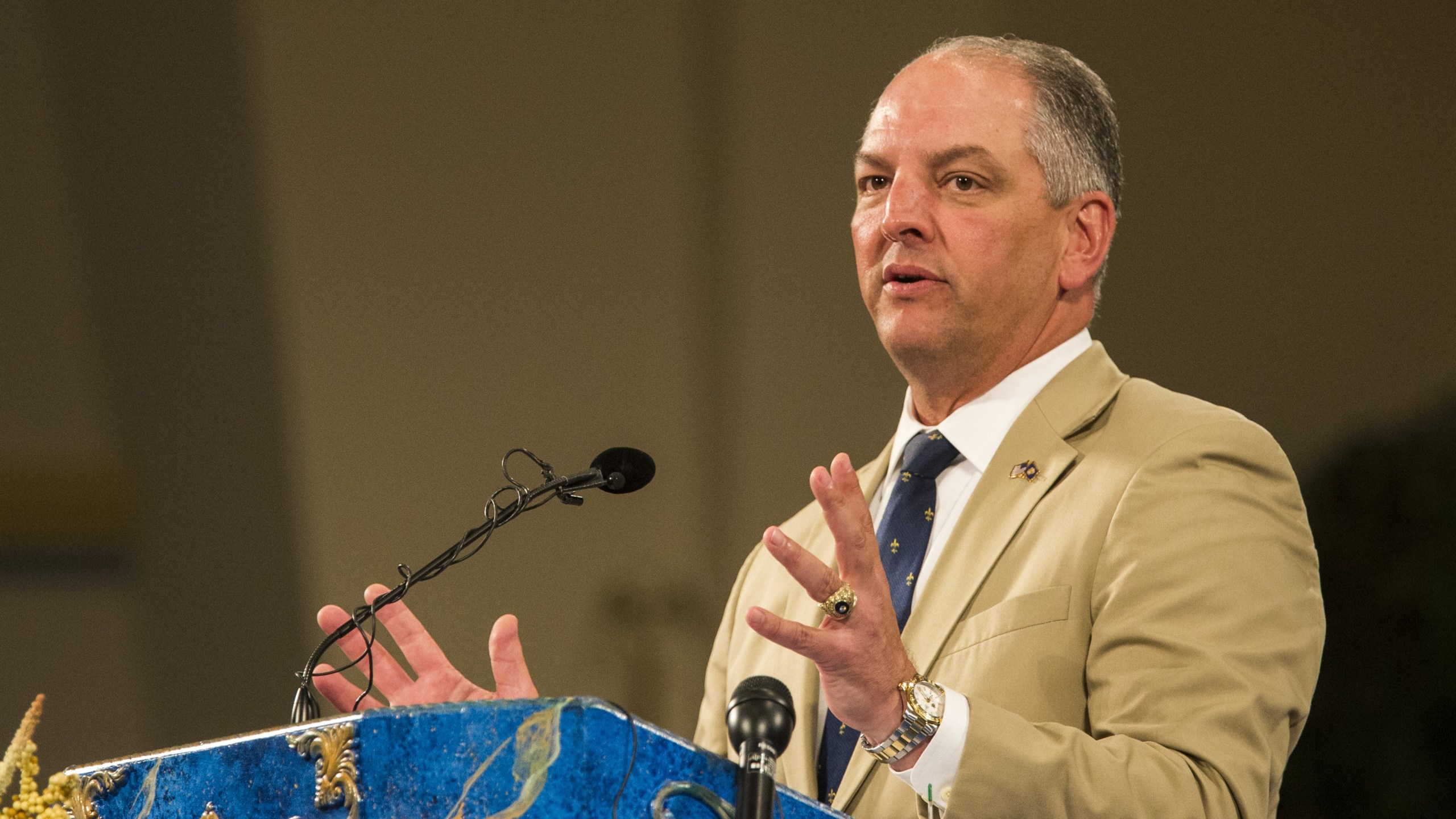 BATON ROUGE, LA -JULY 07: Governor John Bel Edwards of Louisiana speaks during a prayer vigil for Alton Sterling at the Living Faith Christian Center July 7, 2016 in Baton Rouge, Louisiana. Alton Sterling was shot by a police officer in front of the Triple S Food Mart in Baton Rouge on July 5th, leading the Department of Justice to open a civil rights investigation. (Photo by Mark Wallheiser/Getty Images)