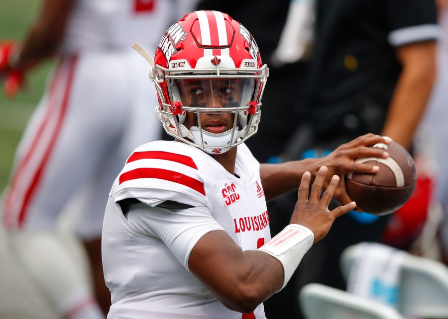 ATLANTA, GA - SEPTEMBER 19: Levi Lewis #1 of the Louisiana-Lafayette Ragin Cajuns warms up on the sideline during the second half against the Georgia State Panthers at Center Parc Stadium on September 19, 2020 in Atlanta, Georgia. (Photo by Todd Kirkland/Getty Images)