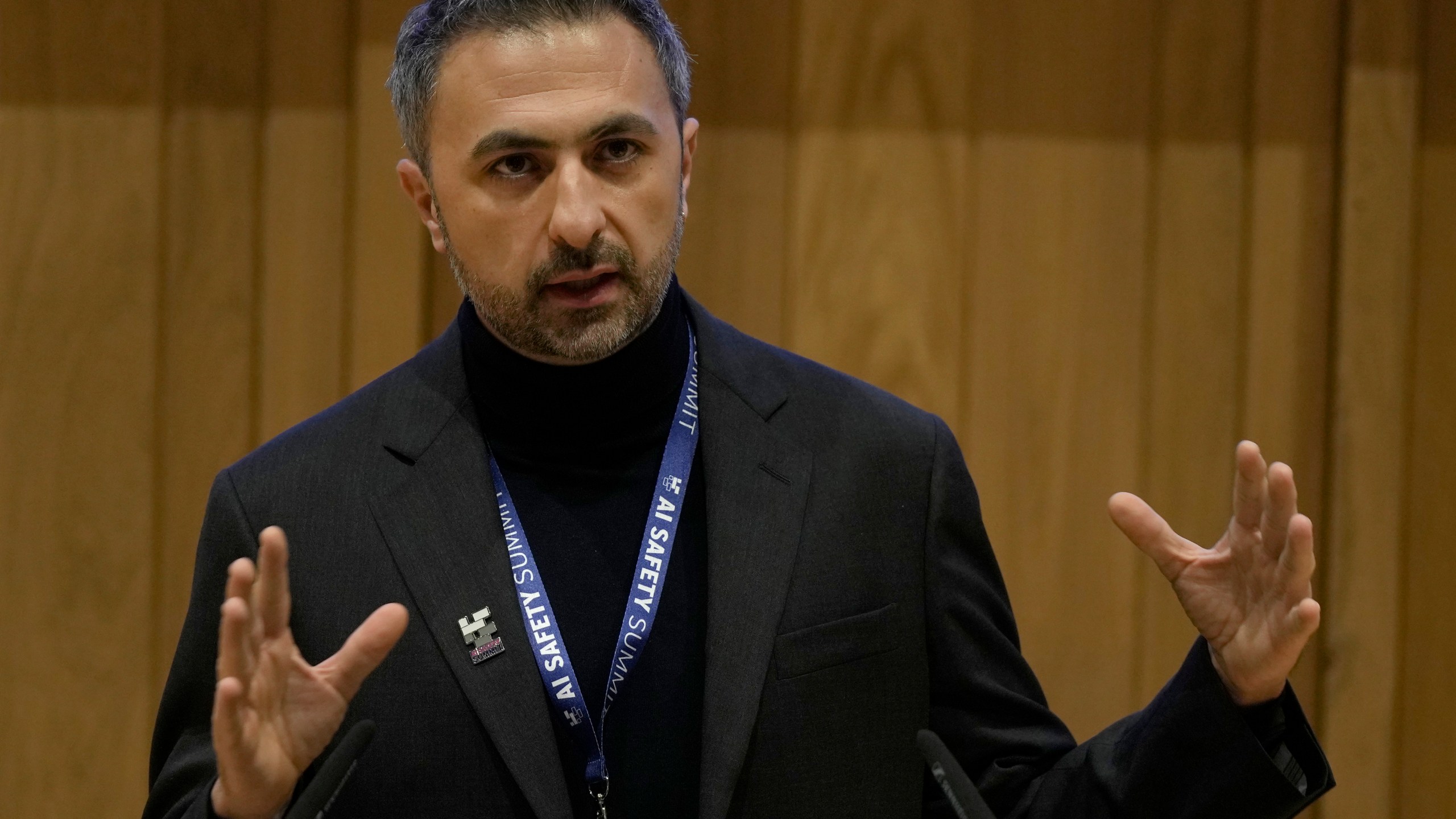 Mustafa Suleyman co founder and CEO of Inflection AI speaks to journalist during the AI Safety Summit in Bletchley Park, Milton Keynes, England, Wednesday, Nov. 1, 2023. (AP Photo/Alastair Grant)