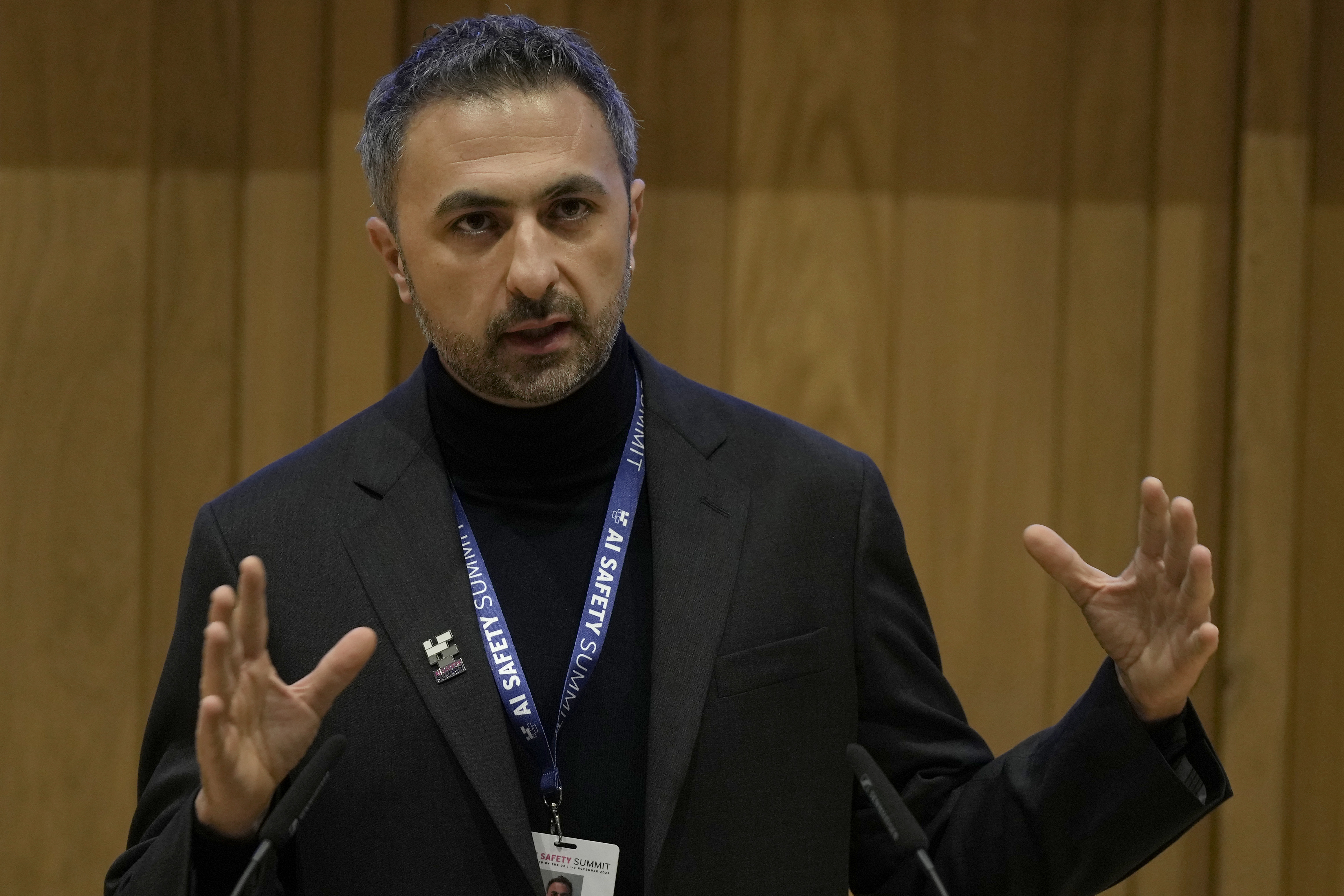 Mustafa Suleyman co founder and CEO of Inflection AI speaks to journalist during the AI Safety Summit in Bletchley Park, Milton Keynes, England, Wednesday, Nov. 1, 2023. (AP Photo/Alastair Grant)